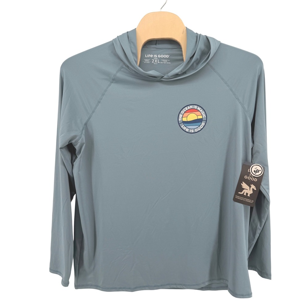 NEW Life is Good Swim Hoodie Mens 2XL Rash Guard Blue UPF 50+ Ocean‎ Magic Shirt